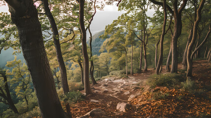 Obraz premium Serene forest landscape featuring tall trees and a rocky path, illuminated by soft sunlight filtering through the leaves, creating a tranquil atmosphere in nature.