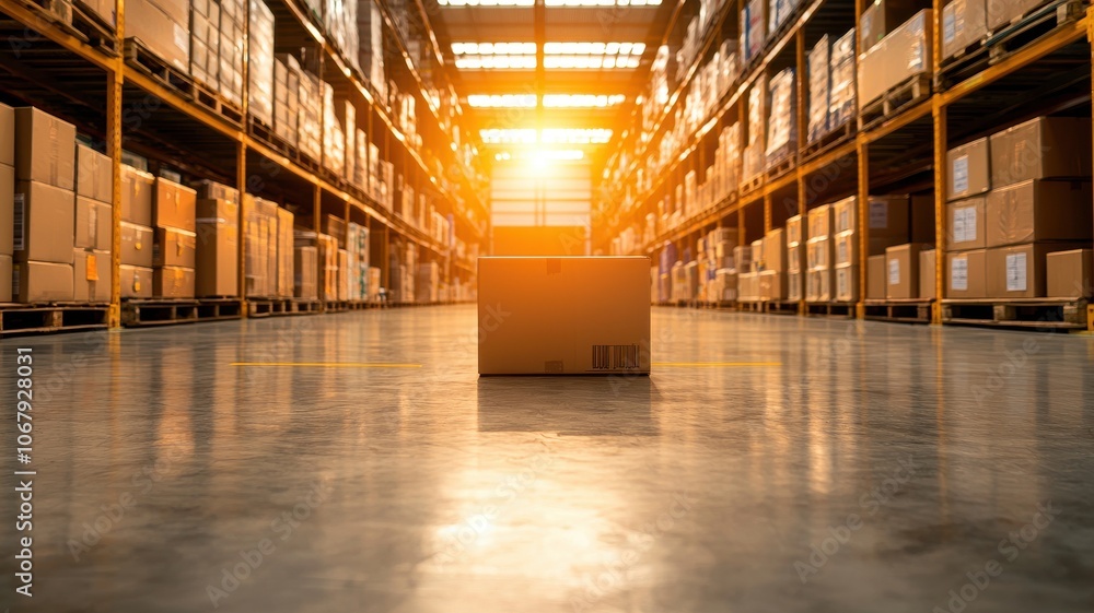 Poster a well-lit warehouse with rows of boxes and a single cardboard box in the foreground, illuminated by