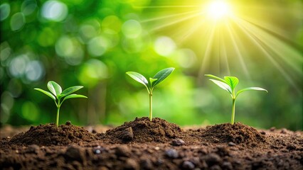 Fototapeta premium Three saplings growing on soil against natural green background, growth, saplings, plants, nature, trees, soil