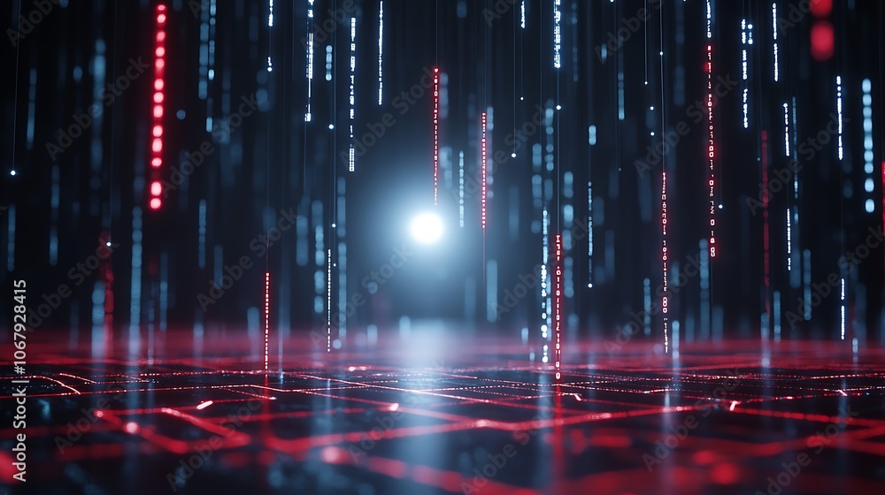 Poster futuristic digital landscape with flowing binary code and illuminated pathway