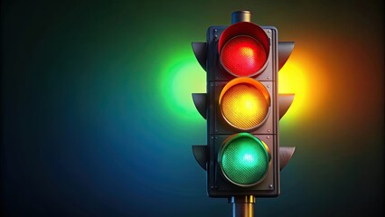 Illuminated traffic light with red, yellow, and green lights shining brightly, traffic, signal, lights, intersection