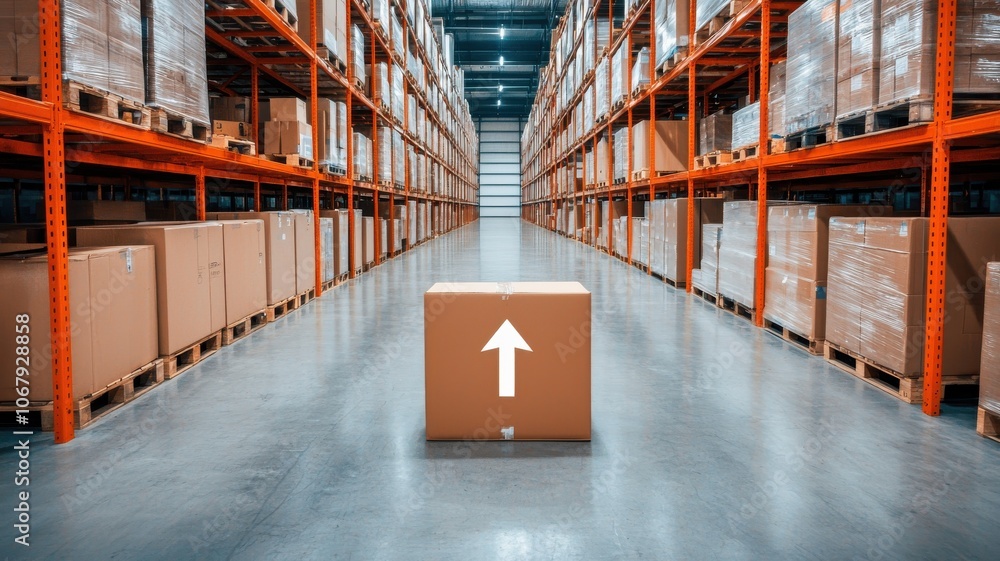 Poster a spacious warehouse filled with stacked boxes, featuring one prominently placed crate with an upwar