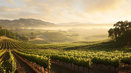 Fototapeta premium Vineyard Landscape at Golden Hour with Fog and Rolling Hills