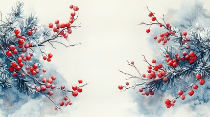 Watercolor Painting of Red Berries and Pine Branches in Winter