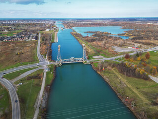 Aerial of the Glendale Avenue Bridge, a vertical lift bridge over the Welland Canal, part of the St. Lawrence Seaway and Great Lakes Waterway in St. Catharines, Ontario, Canada. Between locks 3 and 5.