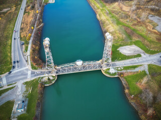 Aerial of the Glendale Avenue Bridge, a vertical lift bridge over the Welland Canal, part of the St. Lawrence Seaway and Great Lakes Waterway in St. Catharines, Ontario, Canada. Between locks 3 and 5.