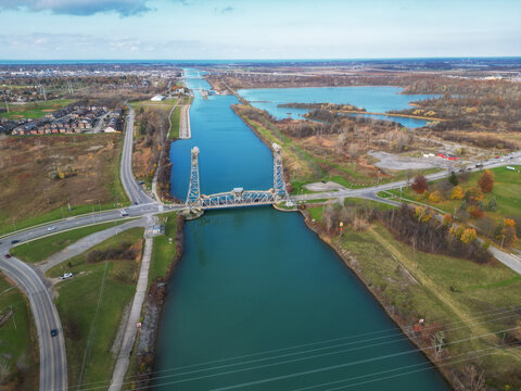 Aerial of the Glendale Avenue Bridge, a vertical lift bridge over the Welland Canal, part of the St. Lawrence Seaway and Great Lakes Waterway in St. Catharines, Ontario, Canada. Between locks 3 and 5.