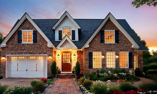 Flower-Lined Path to Cozy Brick Home