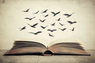 Open Poetry Book with Birds Taking Flight