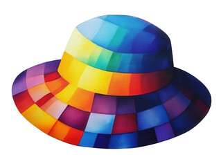 A vibrant, multicolored hat featuring geometric patterns and gradations, set against a transparent background, creating a striking visual contrast.