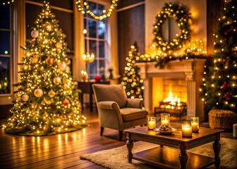 Blurred View of a Stylishly Decorated Christmas Room Interior with Cozy Accents, Soft Lighting, and Festive Elements, Perfect for Holiday Inspiration and Seasonal Decor Ideas