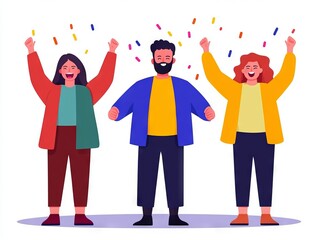 Fototapeta premium Three cheerful people celebrating with raised arms and confetti.
