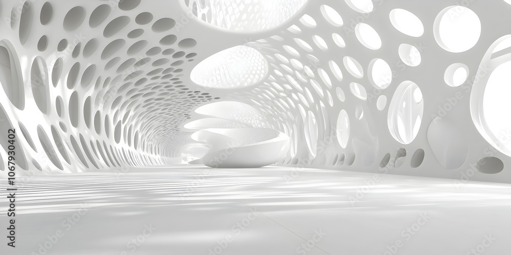Poster abstract white architecture: a futuristic and minimalist 3d rendering of a white, circular, and orga