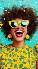 A joyful woman with curly hair, colorful accessories, and confetti background.
