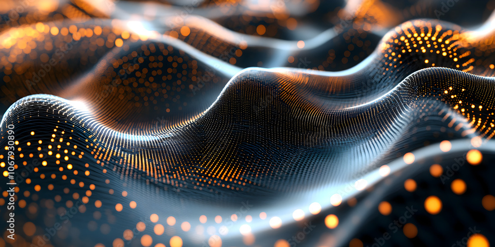 Poster abstract digital wave: a mesmerizing abstract pattern of glowing, orange particles dancing across a 