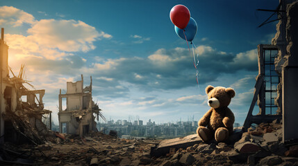Lonely Teddy Bear Amidst Urban Ruins With Floating Balloons