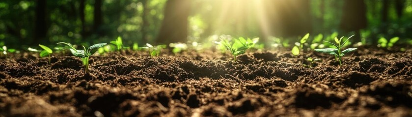 Obraz premium Closeup of forest floor textures, with fine details of soil and tiny plants, illuminated by gentle sunlight