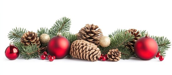 Festive arrangement of pinecones and red ornaments for Christmas.
