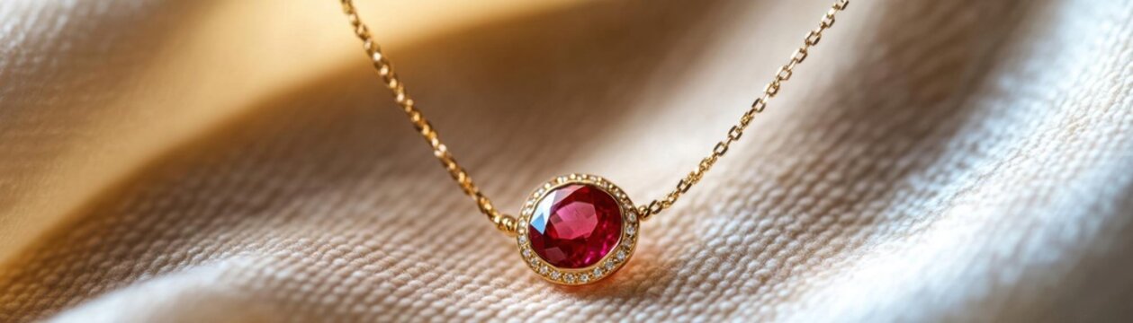 A delicate ruby necklace on a soft, textured fabric, showing off the gemstone s intense red hues and intricate gold detailing