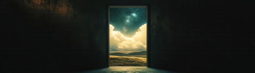 Doorway in a dark room leading to a bright landscape, starry sky and clouds, mysterious and inviting, surreal lighting