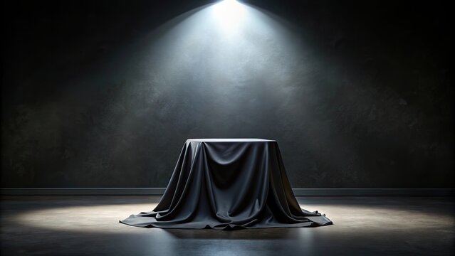 Mysterious object under black cloth on pedestal in dark room, mystery, secret, unknown, hidden, surprise, discovery, reveal