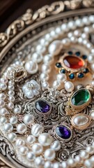 A collection of vintage jewelry pieces with pearls, filigree, and antique gemstones on an ornate tray, evoking timeless elegance
