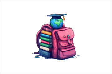 A colorful backpack with books and the Earth.Vector illustration of a colorful backpack with books.
