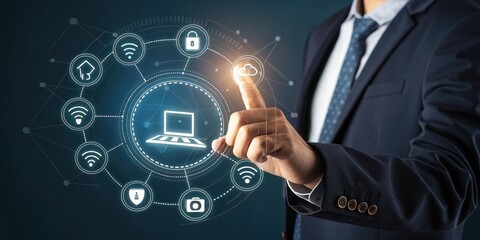 Obraz premium A businessman interacts with a futuristic technology interface, exploring a network of interconnected icons representing smart home, security, internet, and cloud computing.
