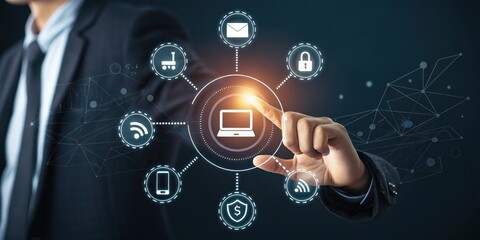 Fototapeta premium Connecting the Digital World A Businessperson Interacts with a Network of Technology Icons for Secure Online Transactions and Communication