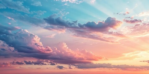 A breathtaking panorama of fluffy clouds bathed in the warm glow of a fading sunset, painting the sky with hues of pink, orange, and blue.