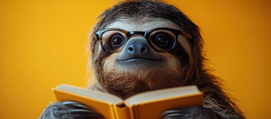 Fototapeta premium Photo of a Happy Sloth Wearing Glasses and Reading a Book