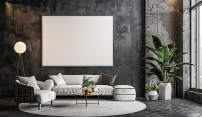 A large white poster frame is mounted on the wall of an elegant living room. Next to it is a sofa and armchair, with a round coffee table and a potted plant nearby