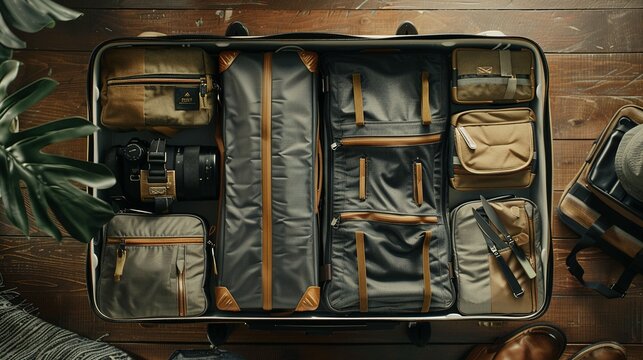 Open Luggage Packed with Camera Equipment and Accessories