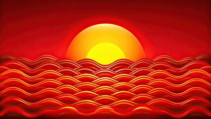 Fototapeta premium Bright red sun setting behind wavy pattern for laptop or water bottle decoration, sticker, bright, red, sun, setting