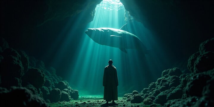 Bible story, Jonah and the Whale, Jonah standing inside the belly of a large fish, with light streaming down into the depths.