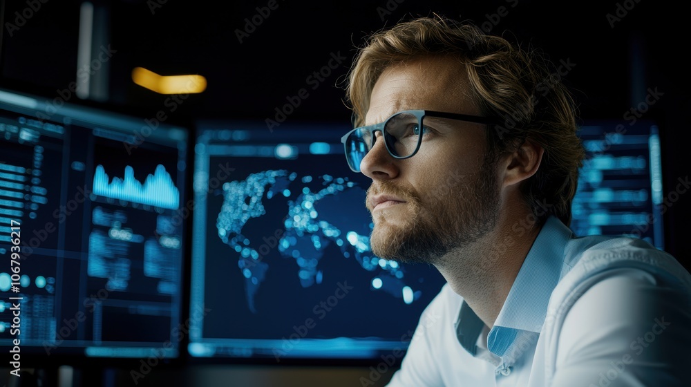 Poster a focused man with glasses contemplates data on multiple screens, showcasing technology and analytic
