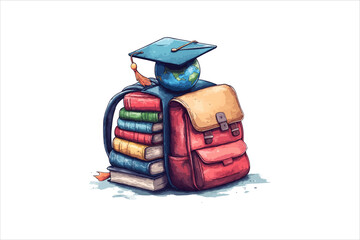 A colorful backpack with books and the Earth.Vector illustration of a colorful backpack with books.
