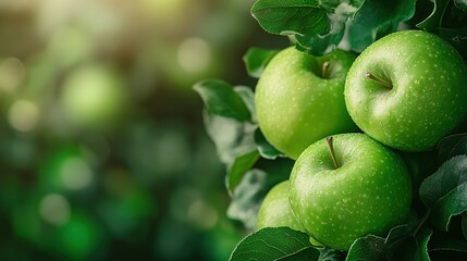 Fresh green apples on a branch surrounded by lush leaves.