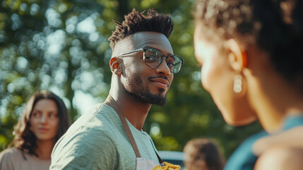 Obraz premium Smiling man in an apron grilling food at an outdoor gathering on a sunny day