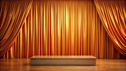 Fototapeta premium Orange silk curtain draped over wooden stage with product podium , elegance, luxurious, drapes, stage, wooden, elegant, silk