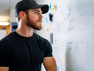 A software developer brainstorming new app features, sketching out ideas on a whiteboard filled with code snippets and flowcharts