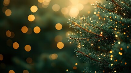 A blurred green background with Christmas tree branches and golden lights, perfect for banners, posters, or greeting cards celebrating Christmas and New Year holidays with bokeh effects.