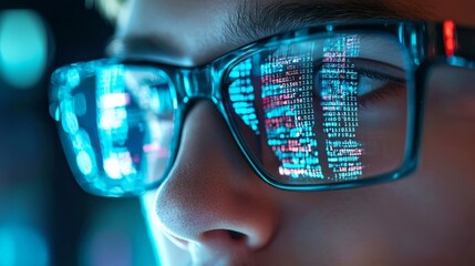 A software developer deeply focused on coding, surrounded by multiple screens and modern office tech, with code reflecting in their glasses