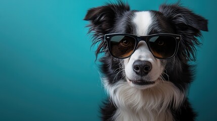 Fototapeta premium A Border Collie wearing sunglasses against a blue background, showing off cool summer vacation vibes.