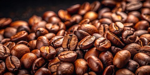 Fototapeta premium Close-up of freshly roasted coffee beans on a dark background , coffee, beans, roasted, dark, background, close-up, aroma