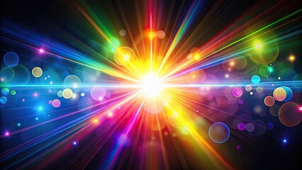 Lens flare and abstract bokeh lights creating colorful rainbow light leaks and rays on a black background, lens flare