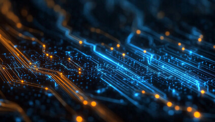 Abstract background with colorful light streaks, featuring vibrant blue and orange lines representing digital circuits and technology. image conveys sense of innovation and connectivity