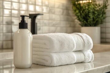 A clean bathroom scene featuring stacked white towels, a lotion bottle, and a decorative plant in an elegant setting.