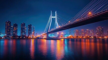 Fototapeta premium Night Cityscape with Bridge and Reflections