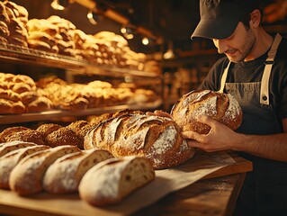 A baker carefully handling fresh loaves of bread in a warm bakery setting.